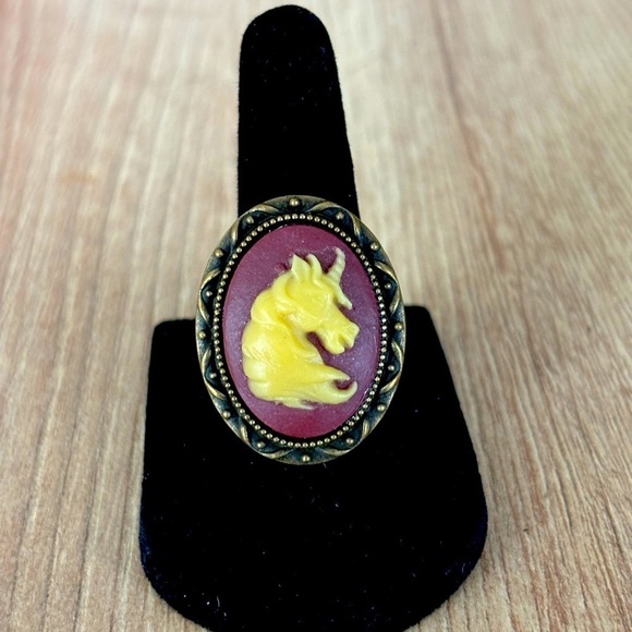 Dark Red and Yellow Unicorn Cameo Adjustable Ring, Handmade, NWT - Picture 2 of 7